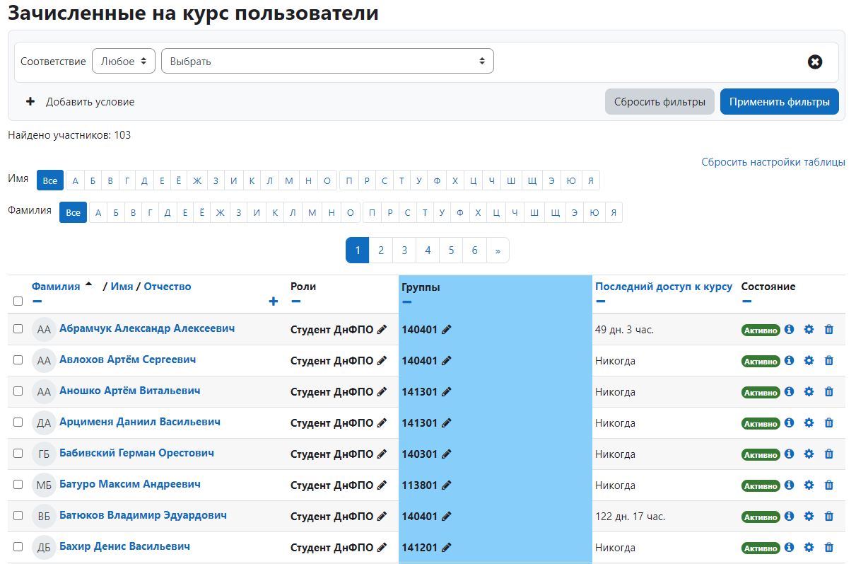 Список участников курса